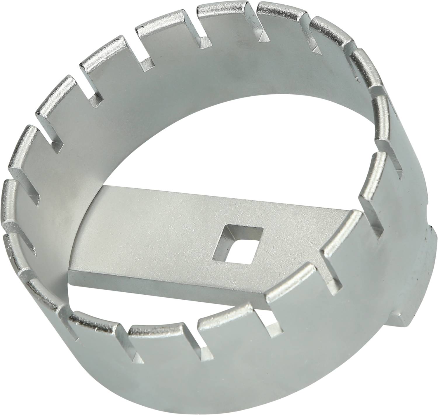 Metallischer Ring mit gezacktem Rand und rechteckigem Querbalken in der Mitte, möglicherweise ein Spezialwerkzeug oder Bauteil.