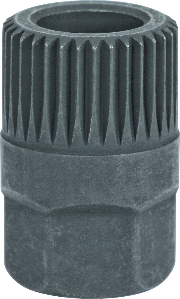 Ein dunkelgrauer, geriffelter zylindrischer Metallobjekt, das wie ein Maschinenbauteil aussieht.