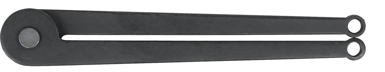 Schwarzes Metallwerkzeug mit zwei beweglichen Armen, die durch ein Scharnier verbunden sind, wahrscheinlich ein Messwerkzeug.