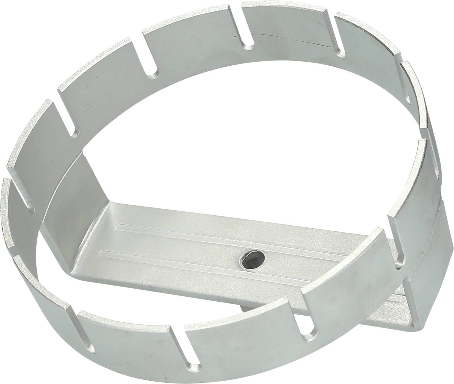 Metallischer Montagebügel mit kreisförmigem Design und rechteckiger Befestigungsplatte, für elektronische Geräte oder Lampen geeignet.