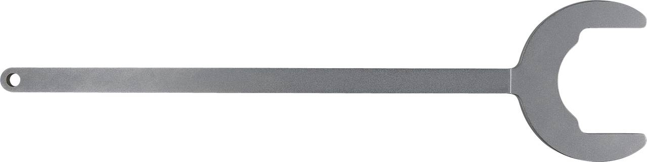 Ein langer, flacher Metall-Schraubenschlüssel mit einer offenen Gabel, geeignet zum Festziehen oder Lösen großer Muttern oder Schrauben.