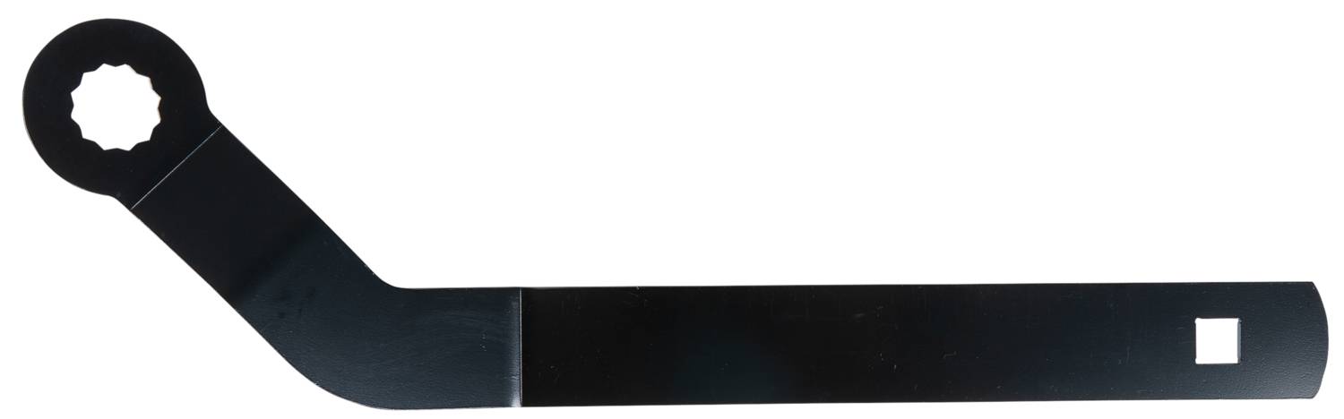 Ein schwarzer Metallwinkelschlüssel mit einem gezackten runden Ende und einem quadratischen Loch am anderen Ende.