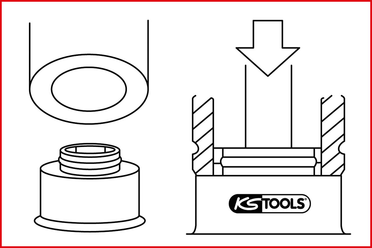 Illustration zeigt zwei Ansichten eines Werkzeugs von KS Tools: links ein Gewindeteil, rechts das Einfügen in einen Sockel mit Pfeil nach unten.