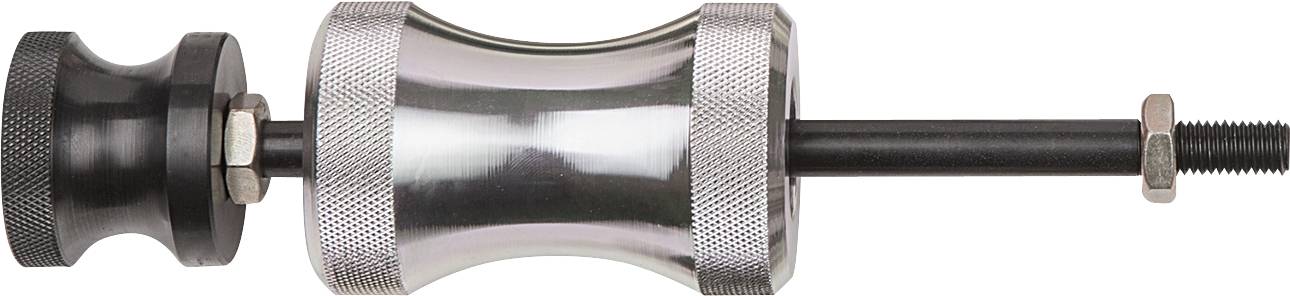 Metallischer Abzieher mit strukturierter Oberfläche, schwarzem Griff links und Schraubvorrichtung rechts, zur Verwendung in der Mechanik.