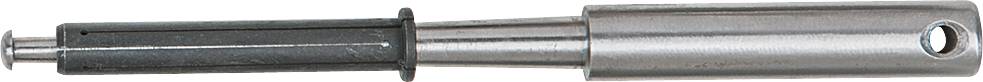 Ein silbernes Metallwerkzeug mit schwarzem Griff und einem Loch am Ende, möglicherweise ein Handgerät für spezielle Anwendungen.