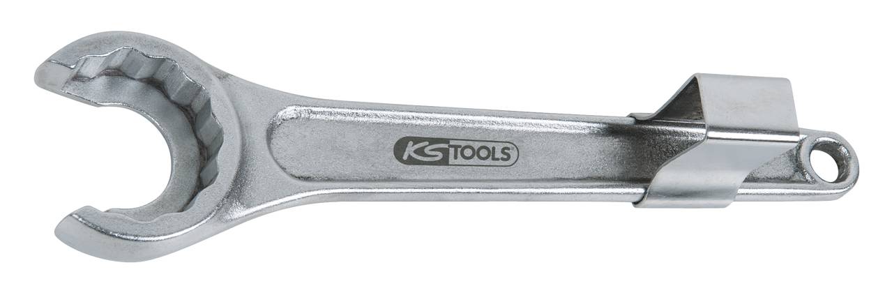 Schraubenschlüssel aus Metall mit offener Maulform und Halterungsschlaufe, Marke 'KS Tools' auf Griff geprägt.
