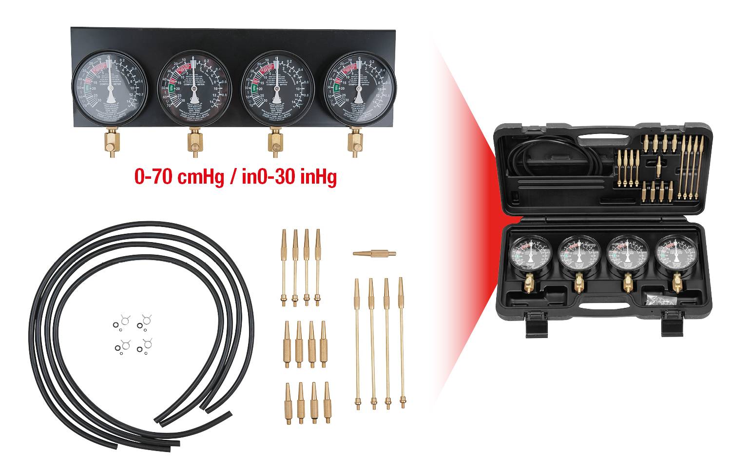 KS Tools 150.3600 Synchron-Vergaser-Testgerät mit 4 Synchronuhren, 28-tlg
