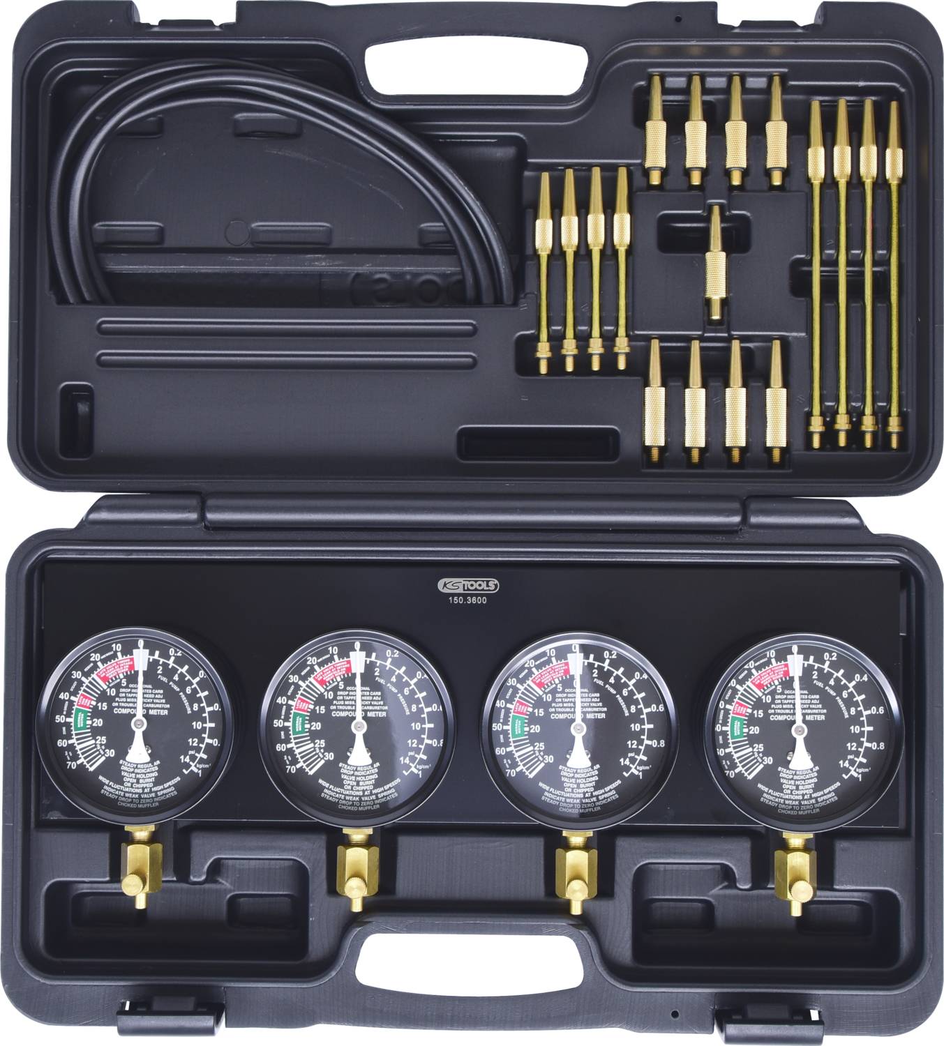 KS Tools 150.3600 Synchron-Vergaser-Testgerät mit 4 Synchronuhren, 28-tlg