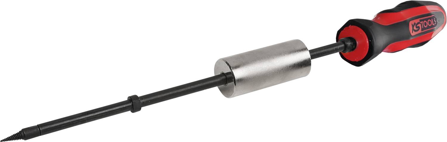 Ein rot-schwarz gestreifter Griff eines Schlagdorn-Schraubenziehers mit Metallzylinder. Geeignet für Werkzeugeinsätze und Reparaturen.