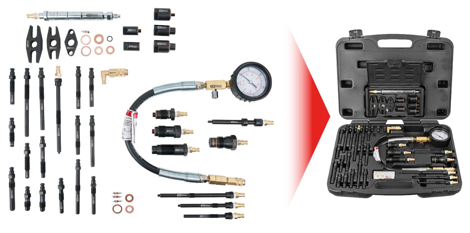 Motordrucktester-Kit in schwarzem Koffer. Verschiedene Adapter, Manometer mit Schlauch, Aufbewahrungsbox rechts. Für Kfz-Diagnose.
