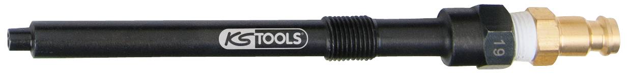 'Bohrfutterschlüssel 19 mm KG Tools' auf schwarzem Hintergrund. Langes, schwarzes Griffteil mit goldfarbenem Kopf, seitliche Ansicht.