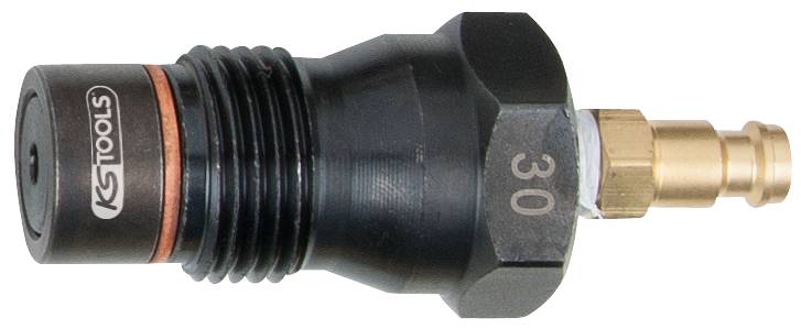 Ein schwarzer Druckluft-Schnellkupplungsstecker von KS Tools mit Metallgewinde und Ventilaufsatz.