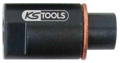 Ein schwarzer Adapter der Marke 'KS Tools' mit Kupferdichtung. Verwendet für präzise mechanische Anwendungen.