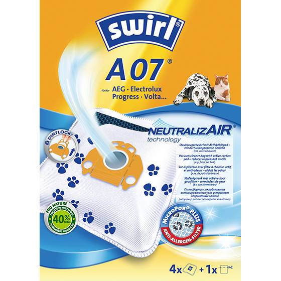 Staubsaugerbeutel von Swirl, Modell A07, geeignet für AEG und Electrolux, mit NeutralizAir-Technologie und Anti-Allergie-Filtersystem.