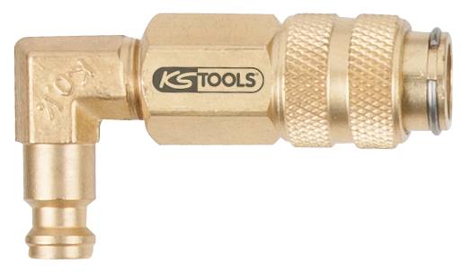 'KS Tools' Pneumatikanschluss aus Messing mit 90-Grad-Winkel, gerändeltem Griff und aufgedrucktem Logo, geeignet für Luftsysteme.