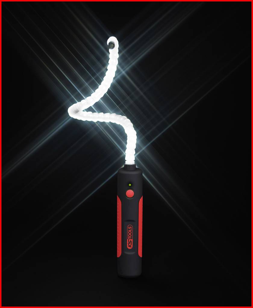 Ein handliches LED-Werkzeuglicht mit flexiblem Leuchtarm auf schwarzem Hintergrund. Das Licht strahlt intensiv und betont die Flexibilität.