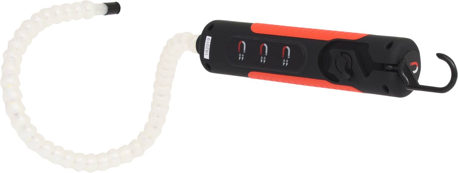 Eine flexible, tragbare Arbeitsleuchte mit Haken und einstellbarer Helligkeit, ideal für Werkstätten oder Außenarbeiten.