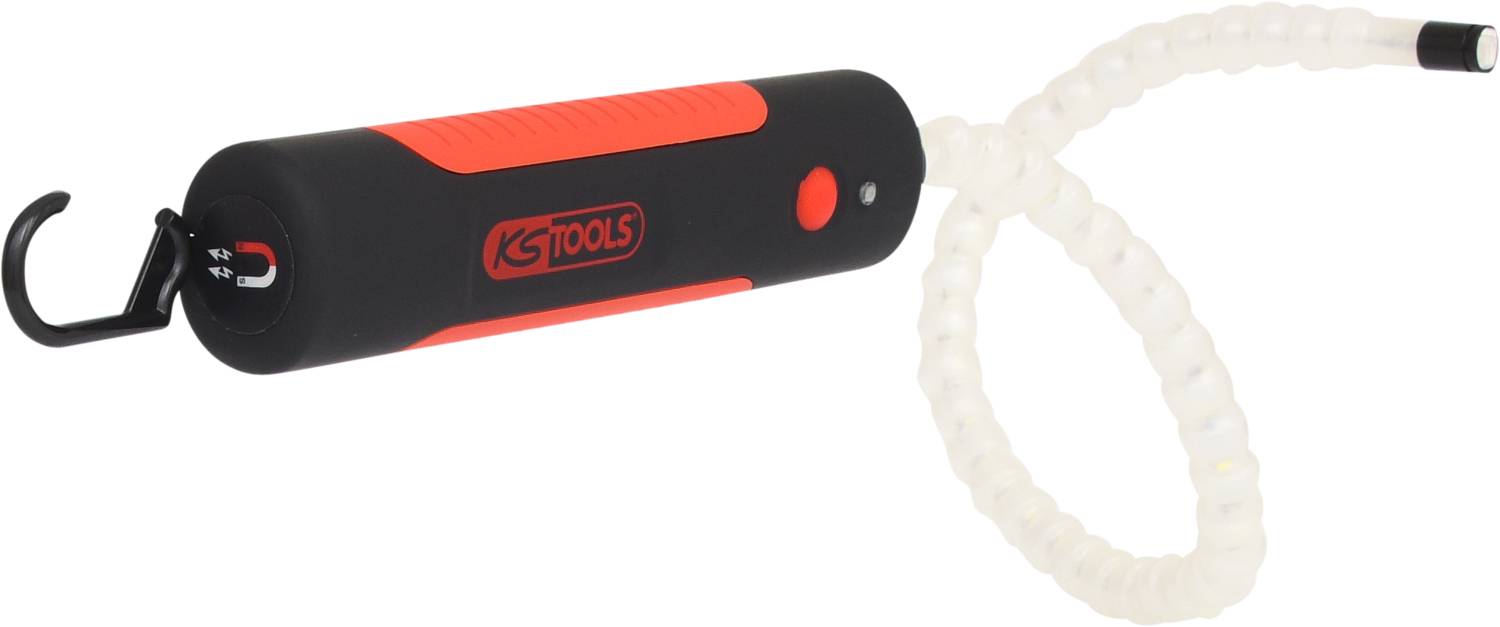 Ein schwarzes und rotes Handwerkzeug mit flexiblem, transparentem Schlauch und Hakenspitze, das von der Marke 'KS Tools' stammt.