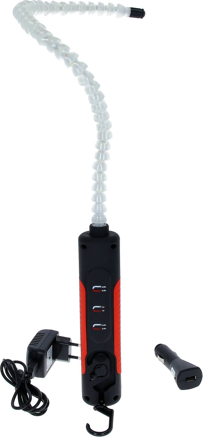Flexible LED-Lampe mit langem, biegsamem Hals und USB-Anschlüssen. Enthalten sind ein Ladegerät und ein Auto-Adapter.