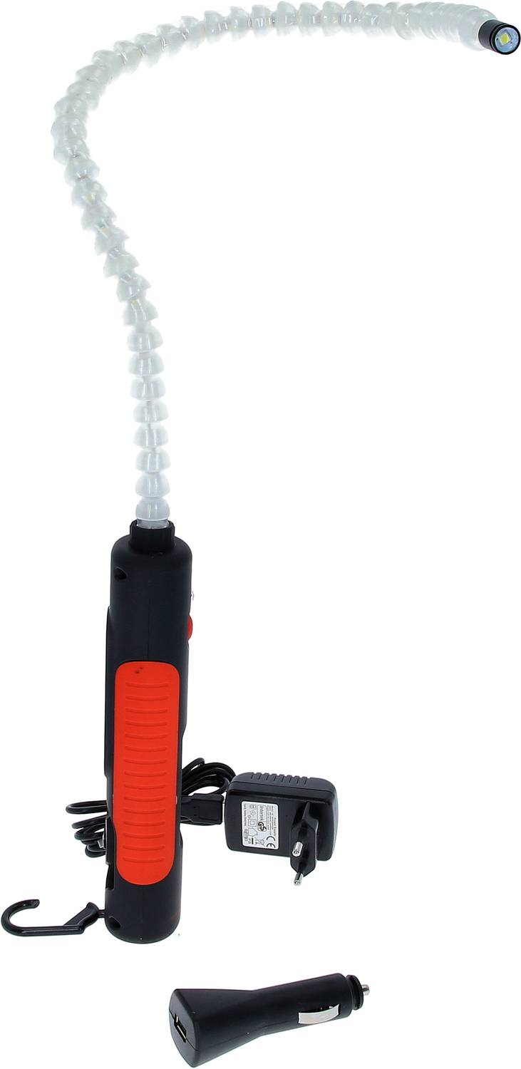 Langes, flexibles LED-Lichtwerkzeug mit rotem Griff, Haken und Ladeadapter, geeignet für schwer zugängliche Stellen.