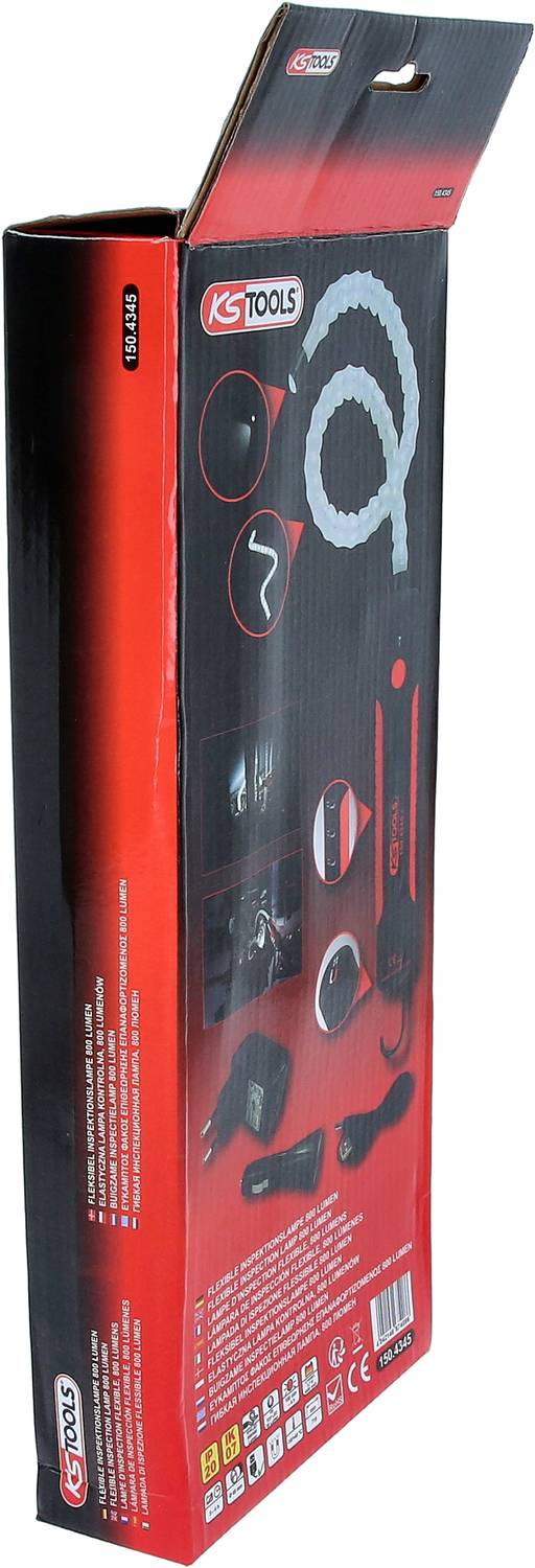 Eine Verpackung für ein KS Tools Endoskop, zeigt das Gerät und Zubehör wie Kabel, Haken und Ladegerät.