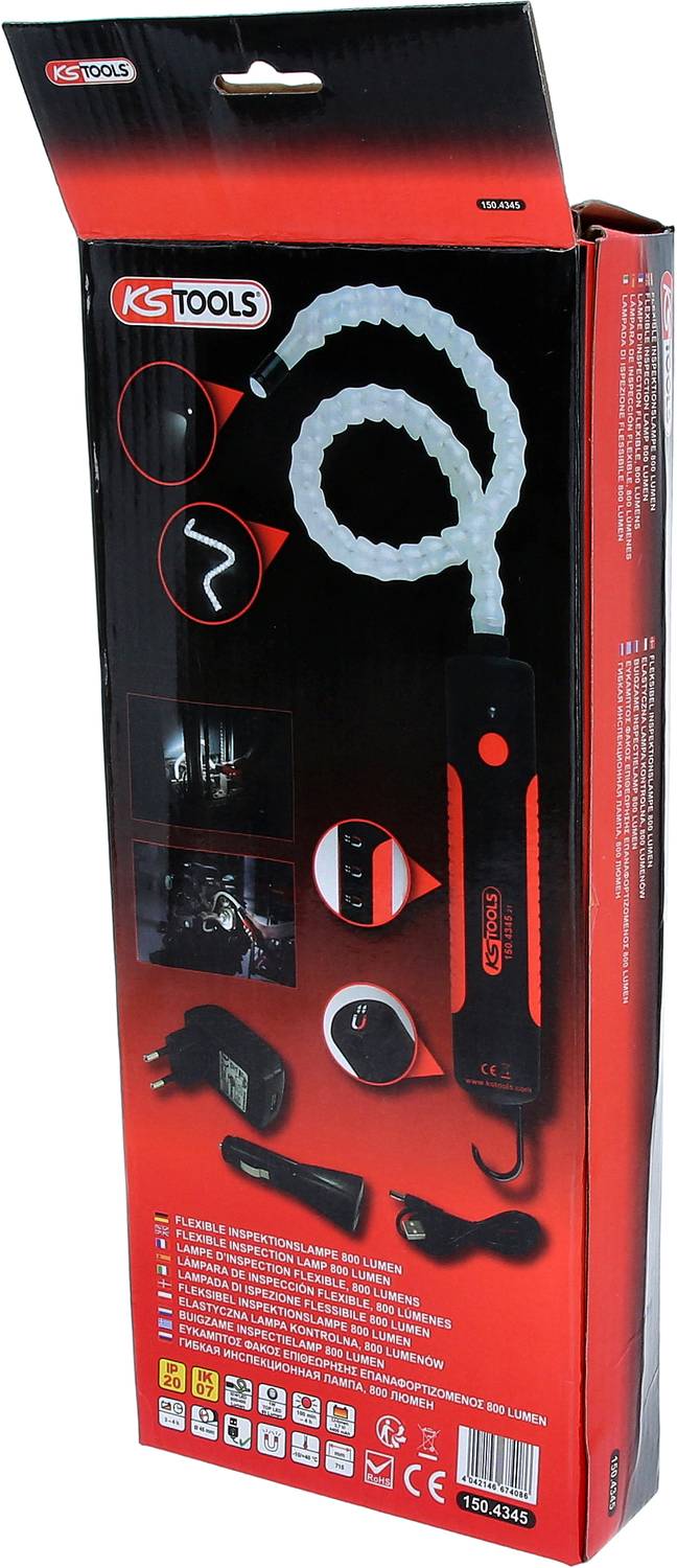 Schmale Verpackung von KS Tools Endoskop-Kamera. Zeigt Kamera mit flexiblem Schlauch, Steuerung, und technische Details auf rotem Hintergrund.