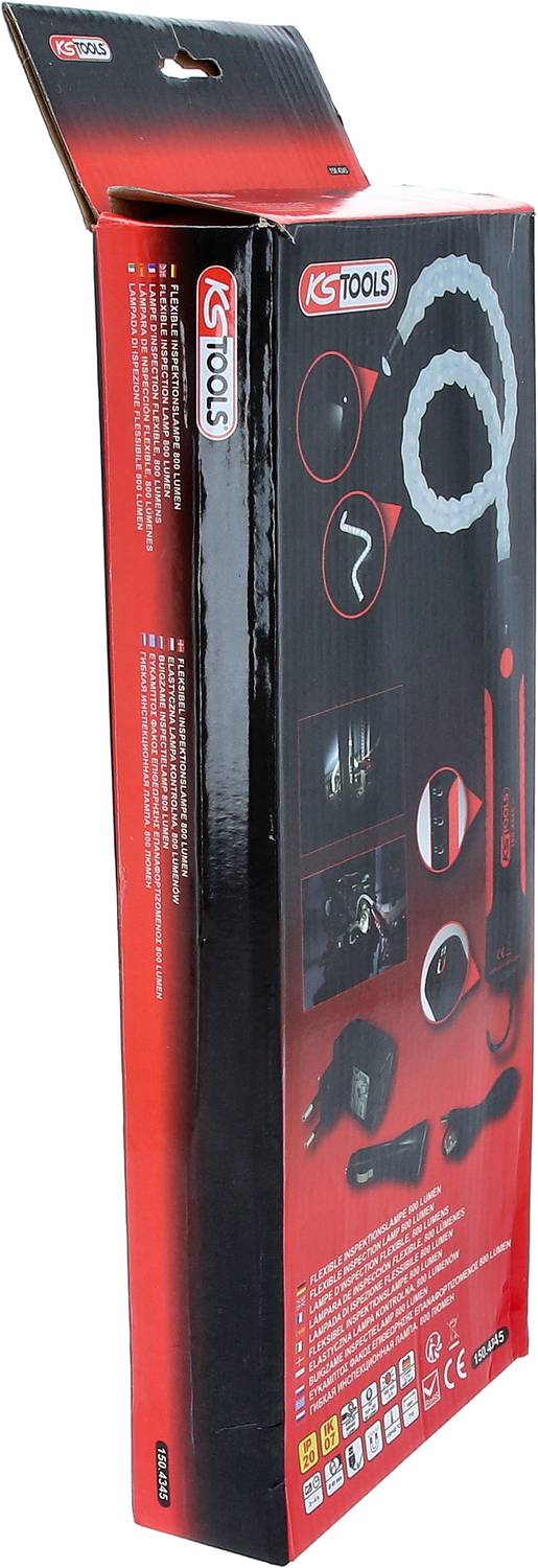 Eine Verpackung von KS Tools mit einem Schlangen-Endoskop-Set, zeigt Produktbilder und enthält technische Details auf der Rückseite.