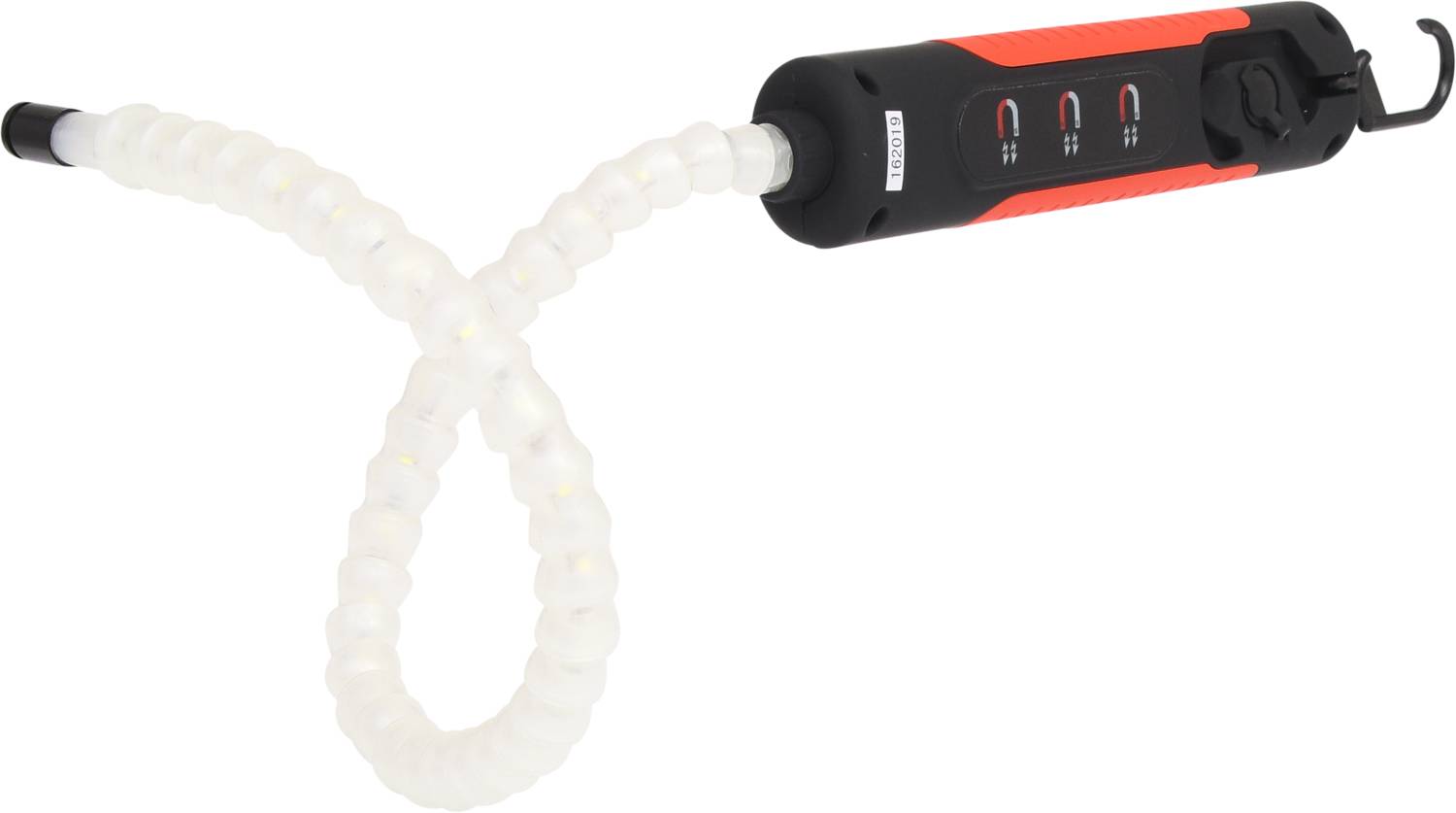 Flexibles LED-Arbeitslicht mit rotem und schwarzem Gehäuse, Biegearm und Haken, ideal zum Ausleuchten schwer zugänglicher Bereiche.