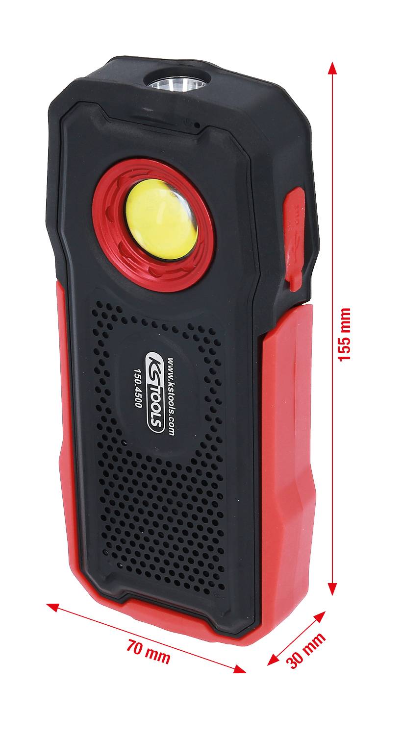Aufladbare LED-Arbeitsleuchte von KS TOOLS, rot-schwarz, Maße: 155 mm x 70 mm x 30 mm. Ideal für Werkstatt- und Außenbereich.