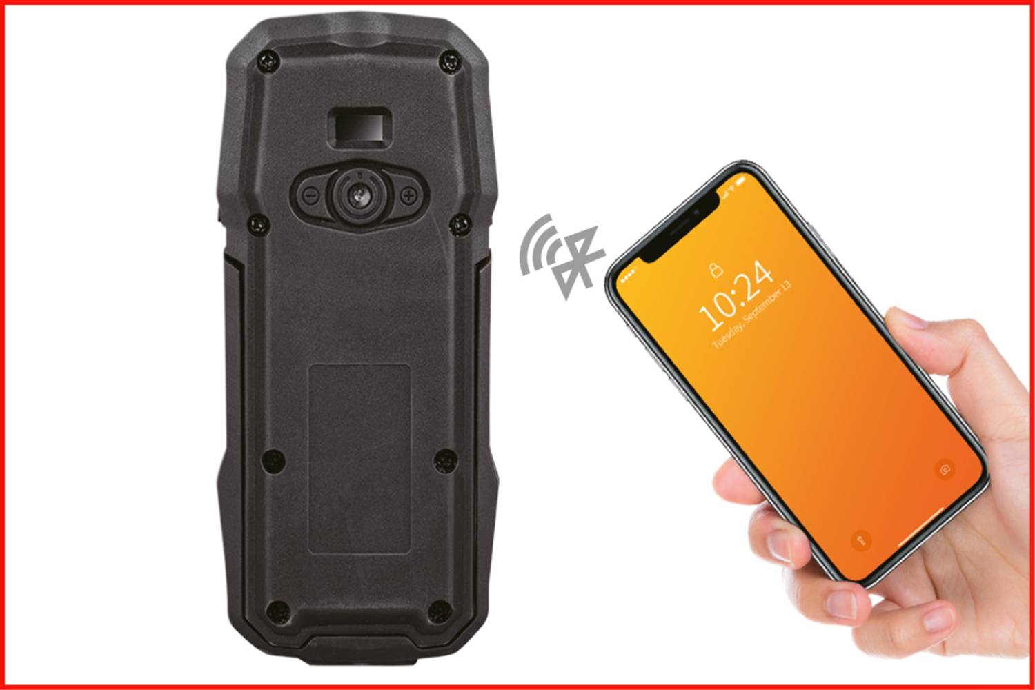 Ein tragbares Gerät mit Kamera steht neben einem Smartphone, das eine gelbe Bildschirmoberfläche zeigt. Drahtlose Verbindung wird angedeutet.