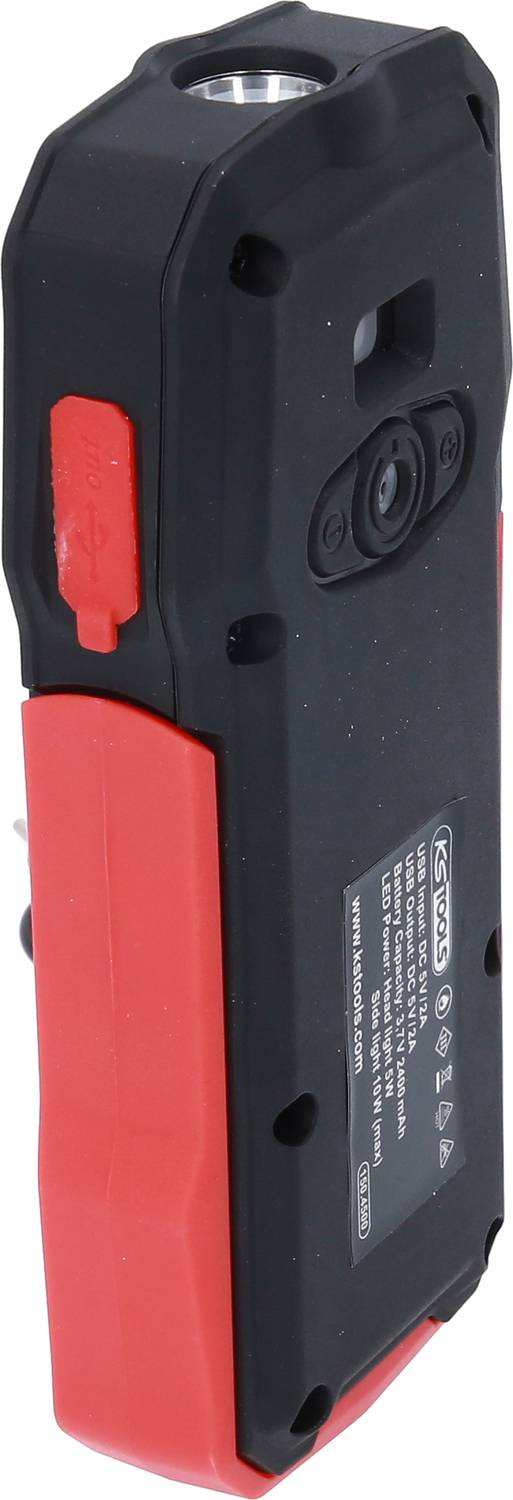Handgerät mit rotem und schwarzem Gehäuse, seitlich betrachtet.