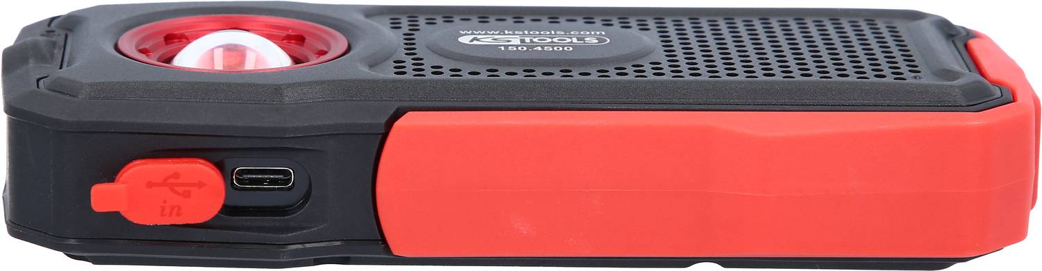 Tragbarer schwarz-roter Lautsprecher mit Lautstärkeregler und USB-Anschluss an der Seite.