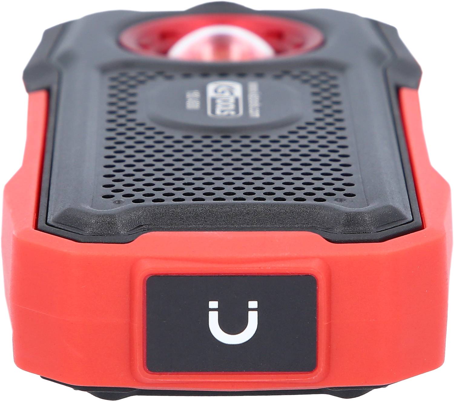 Rotes und schwarzes tragbares Gerät mit Magnet an der Unterseite, geeignet für Befestigung an Metalloberflächen.