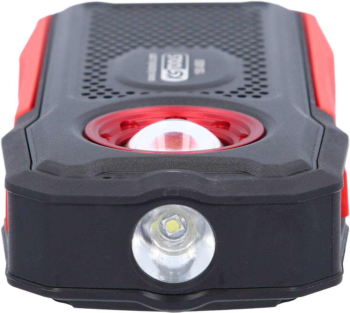 Schwarze und rote tragbare Taschenlampe mit einer LED-Leuchte auf einer Seite. Sieht robust aus, möglicherweise für Outdoor-Aktivitäten geeignet.