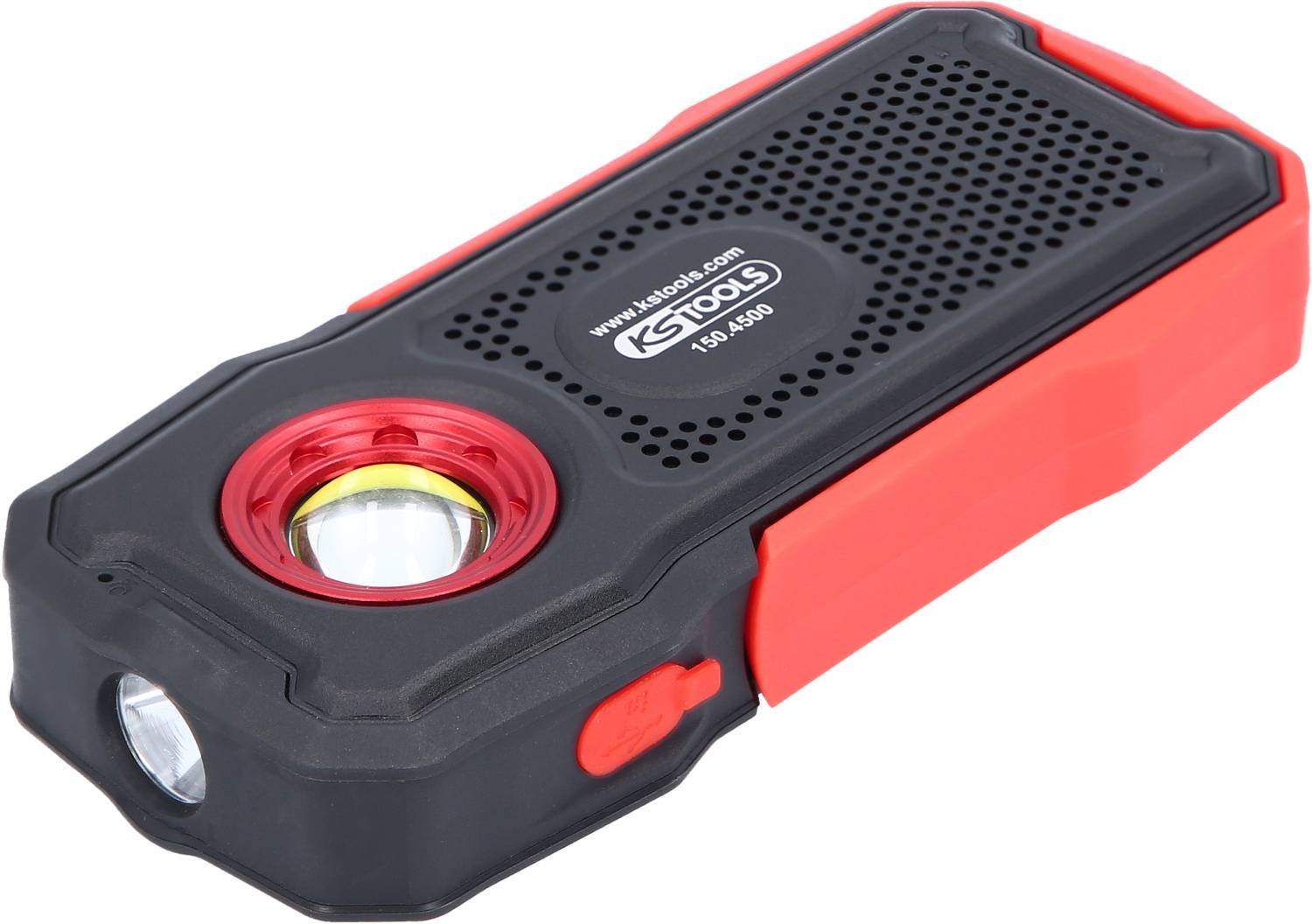 Tragbarer LED-Arbeitsstrahler mit rotem und schwarzem Gehäuse, geeignet für Werkstätten oder handwerkliche Arbeiten.