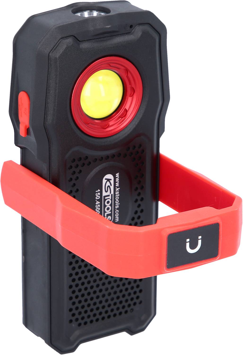 Eine schwarze Taschenlampe mit rotem Magnetband, gelber LED-Lichtquelle und USB-Anschlüssen an der Seite.