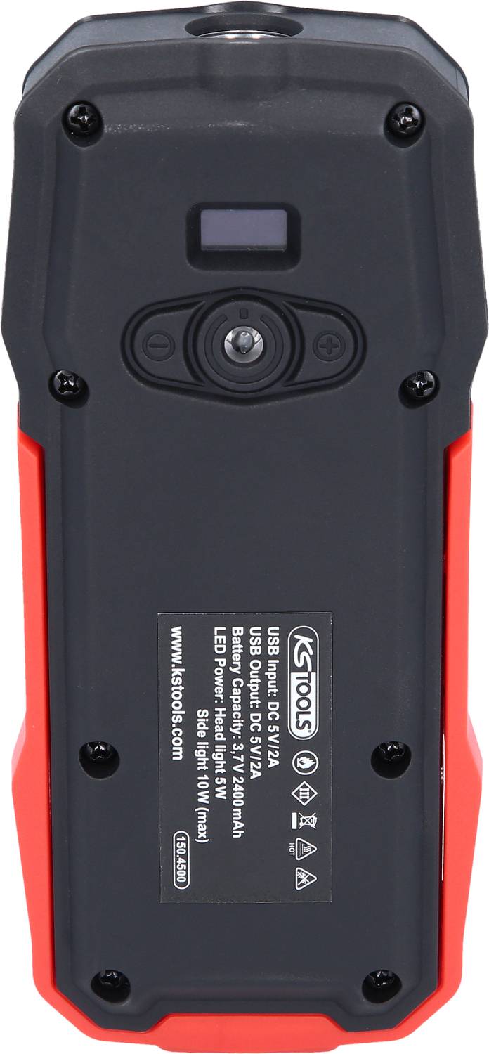 Rückseite einer schwarzen und roten LED-Arbeitsleuchte. Etikett mit technischen Spezifikationen und Herstellerlogo in der Mitte.