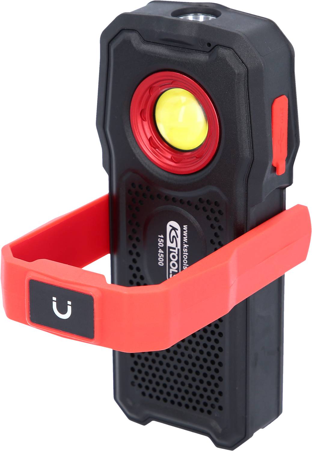 Eine tragbare LED-Arbeitsleuchte mit integriertem Magnethalter und rotem Schutzrahmen, geeignet zum Befestigen an Metalloberflächen.