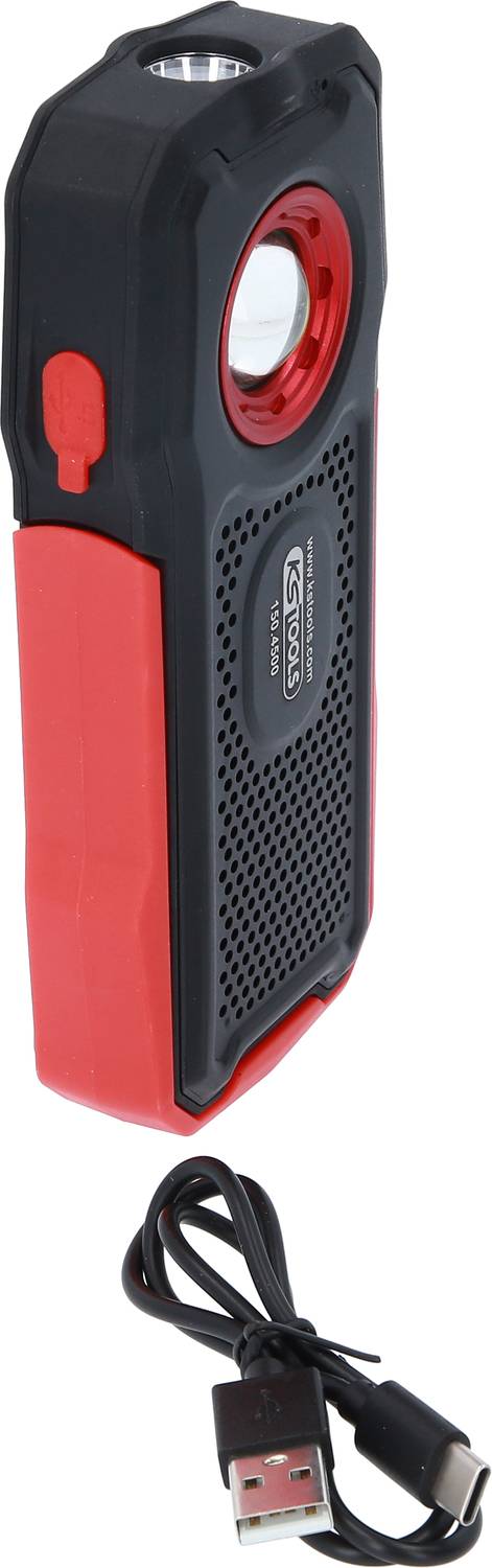 Tragbare LED-Taschenlampe mit rotem und schwarzem Gehäuse, wiederaufladbar per USB-Kabel.