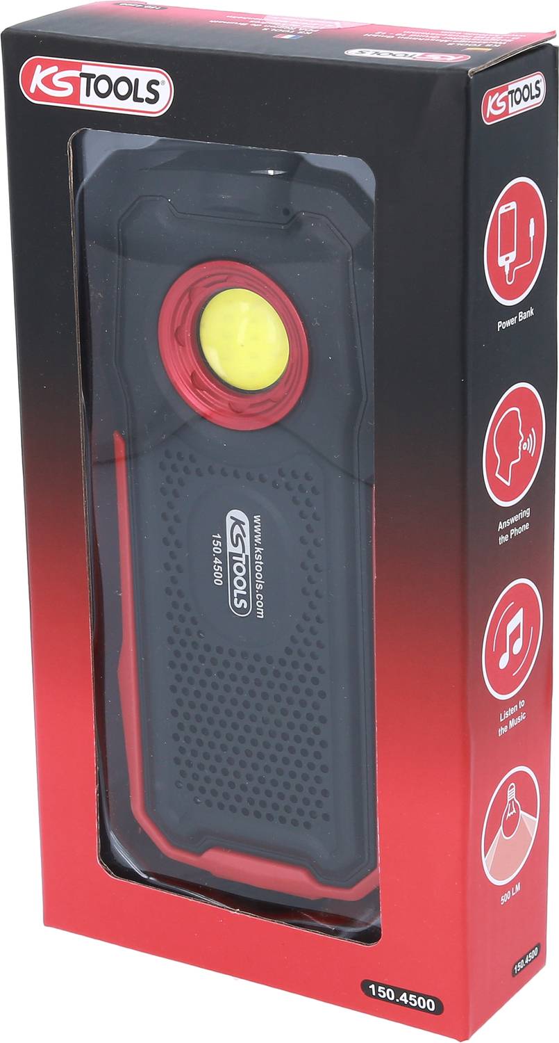 Die Verpackung zeigt ein KS Tools Produkt, das als Power Bank und Arbeitsleuchte dient. Es hat eine LED-Lampe und USB-Anschluss.