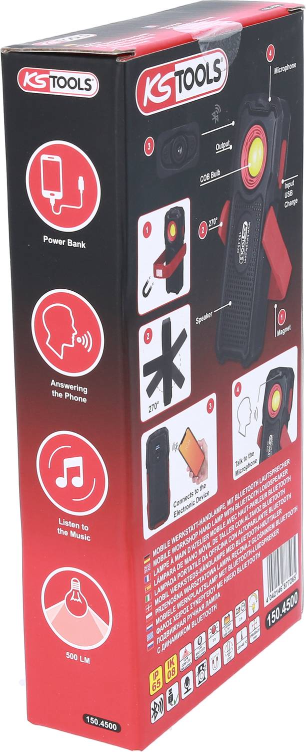 Verpackung einer Arbeitslampe von KS Tools mit Powerbank-Funktion, Hakengriff, 500 Lumen Helligkeit und Musikabspielmöglichkeit.