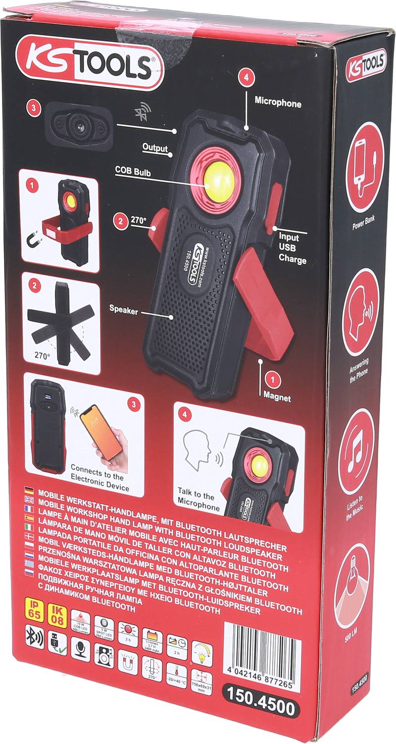 Tragbarer LED-Arbeitsstrahler mit Bluetooth-Lautsprecher, USB-Ladefunktion und 270° drehbarem Design, Produktabbildung.