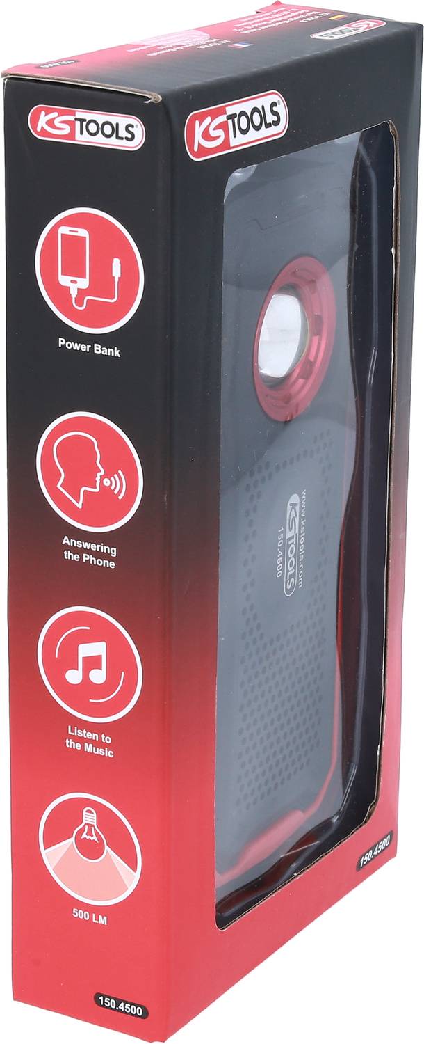 Verpackung einer KS Tools Power Bank mit Lautsprecher. Enthält Symbole für Funktionen: Telefonanrufe, Musik abspielen, 500 Lumen.