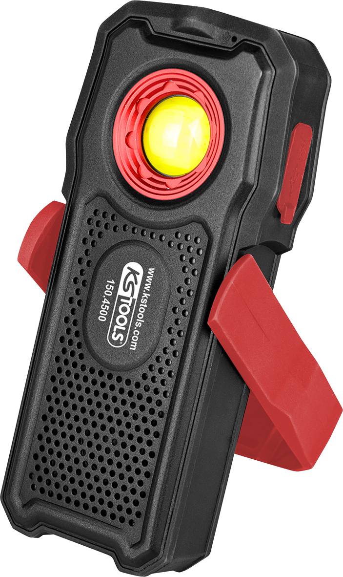 Ein schwarzes und rotes LED-Arbeitslicht mit Schalter auf der Vorderseite und einem klappbaren Ständer zur bequemen Platzierung.