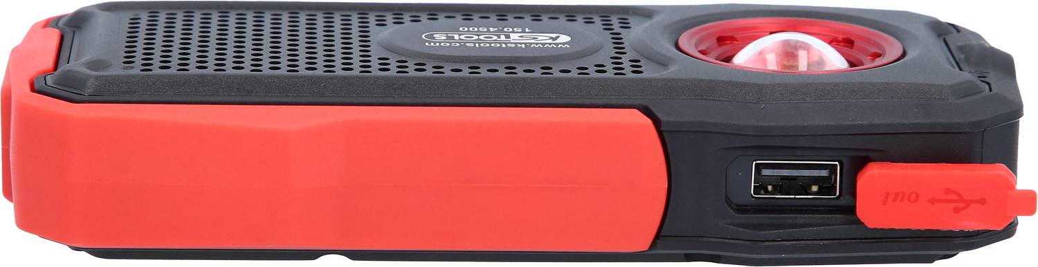 Tragbarer schwarzer und roter Projektor, rechte Seitenansicht, mit USB-Anschluss und Lüftungsgitter.