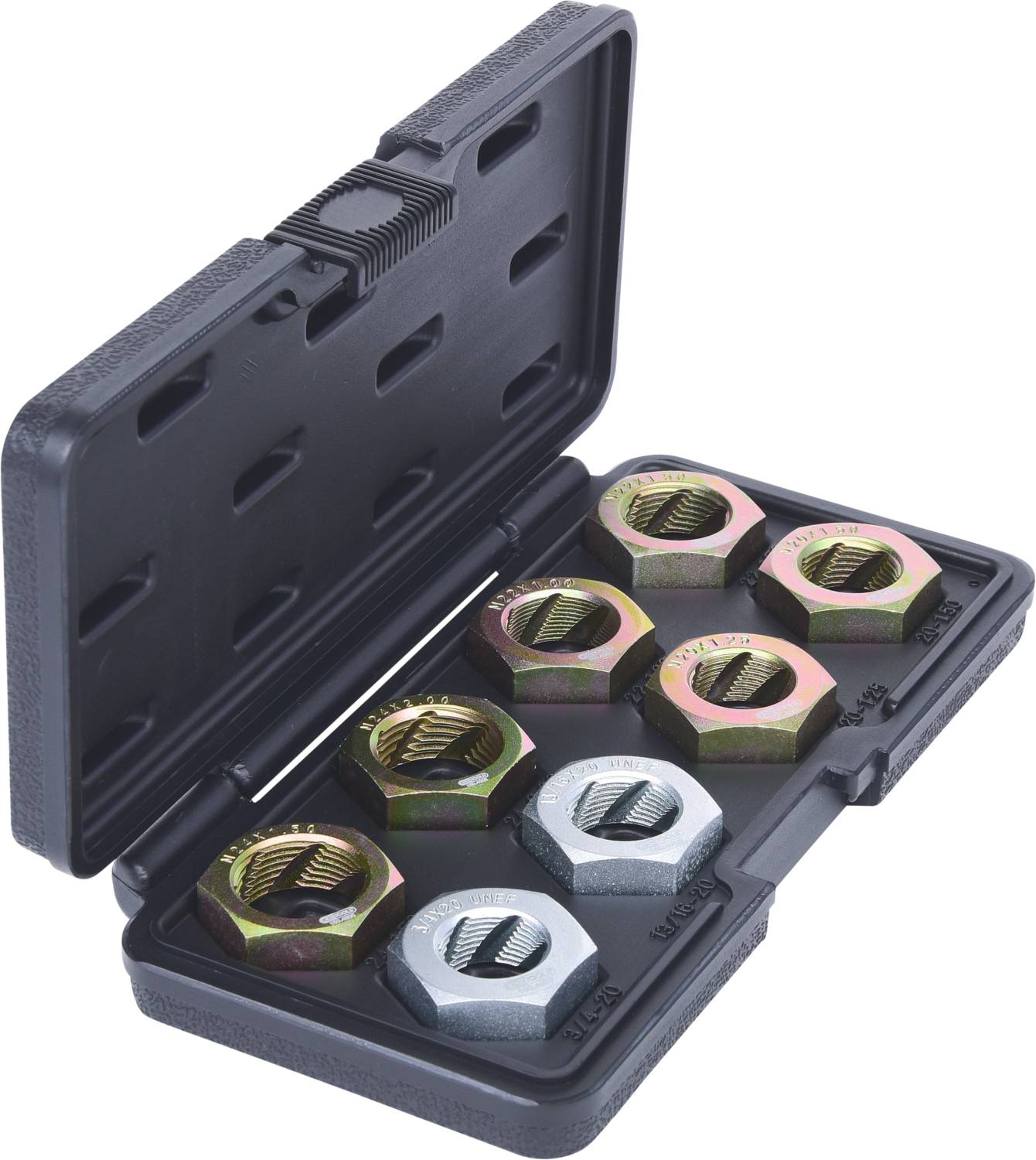 Offene schwarze Box mit acht großen sechseckigen Muttern in zwei Reihen, teilweise golden, teilweise silberfarben.
