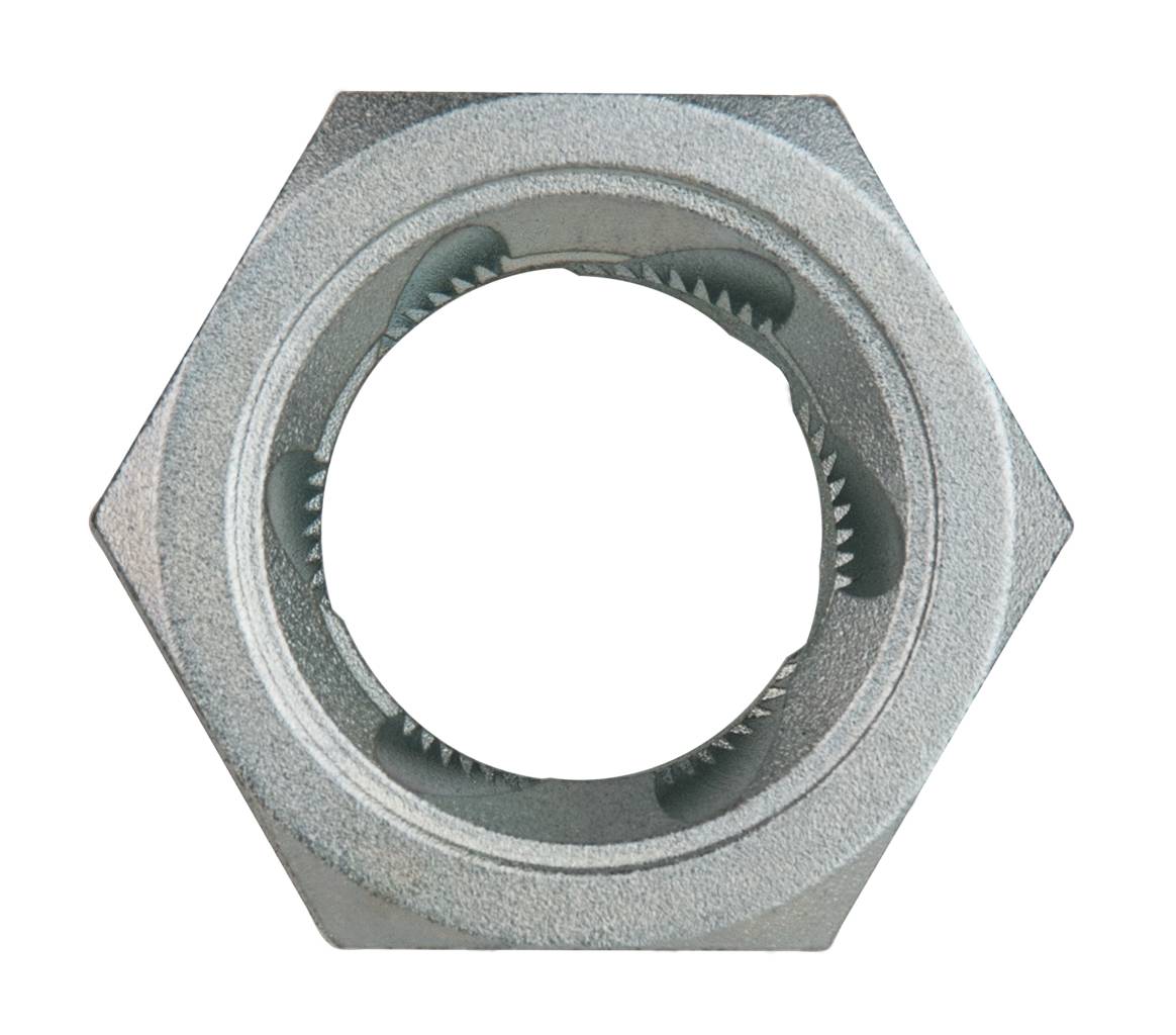 Sechskantmutter aus Metall mit scharfen Innenkanten, nah aufgenommen.