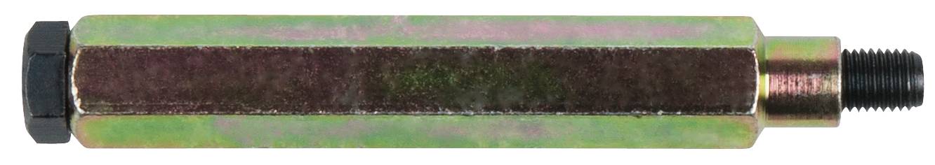 Zylindrisches Metallstück mit sechseckigem Mittelteil, schwarzen Enden und einem Gewinde auf der rechten Seite. Dient vermutlich als Verbindungselement.