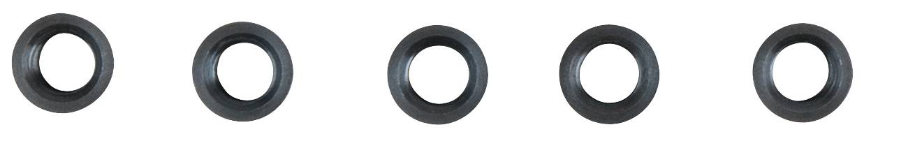 Fünf schwarze Ringe in einer Reihe auf weißem Hintergrund.