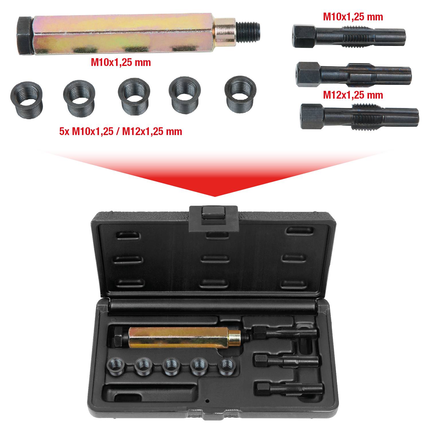 Satz von Gewindereparaturwerkzeugen: Enthält Einsätze M10x1,25mm, M12x1mm und Werkzeuge. Präsentiert in einem offenen schwarzen Koffer.